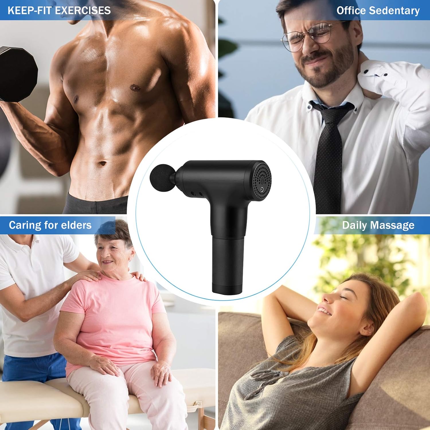 4in1 Massage Gun Deep Tissue – Wireless Handheld with 4 Heads for Pain Relief and Recovery مسدس تدليك 4في1 للأنسجة العميقة – محمول لاسلكي مع ٤ رؤوس لتخفيف الألم والتعافي
