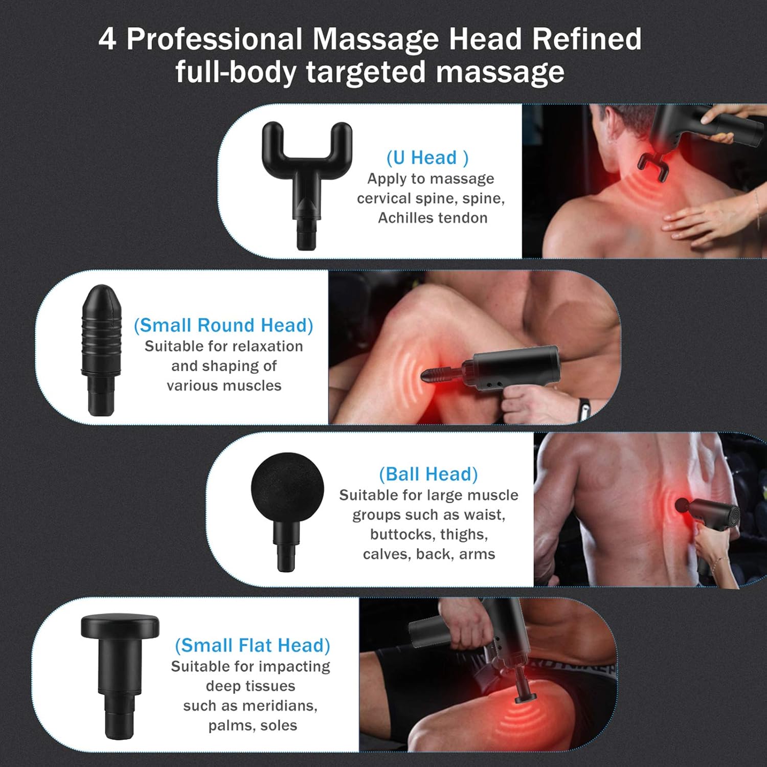 4in1 Massage Gun Deep Tissue – Wireless Handheld with 4 Heads for Pain Relief and Recovery مسدس تدليك 4في1 للأنسجة العميقة – محمول لاسلكي مع ٤ رؤوس لتخفيف الألم والتعافي