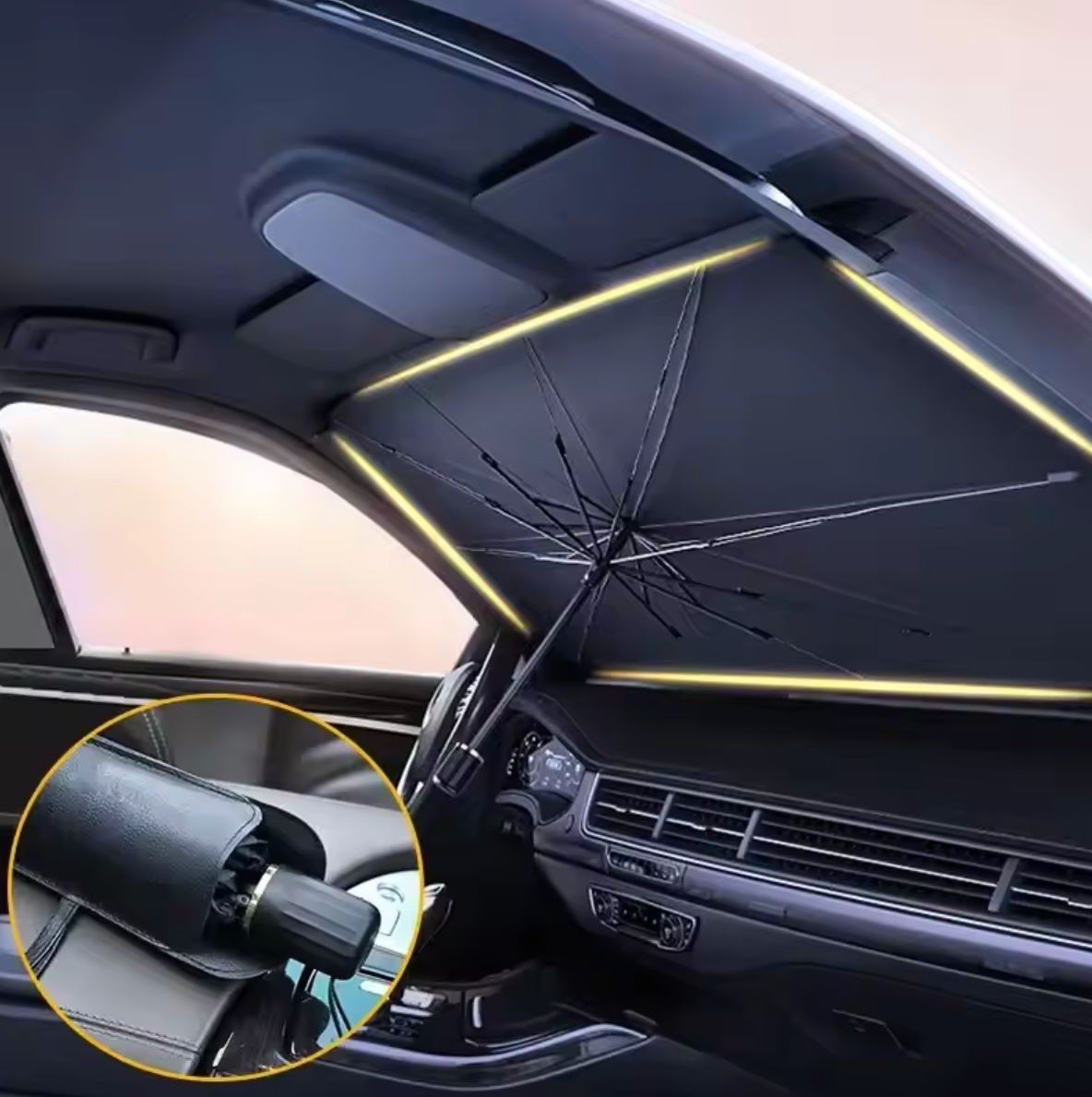 Foldable Car Windshield Umbrella – UV & Heat Blocker.     مظلة قابلة للطي لزجاج السيارة – تحجب أشعة الشمس والأشعة فوق البنفسجية