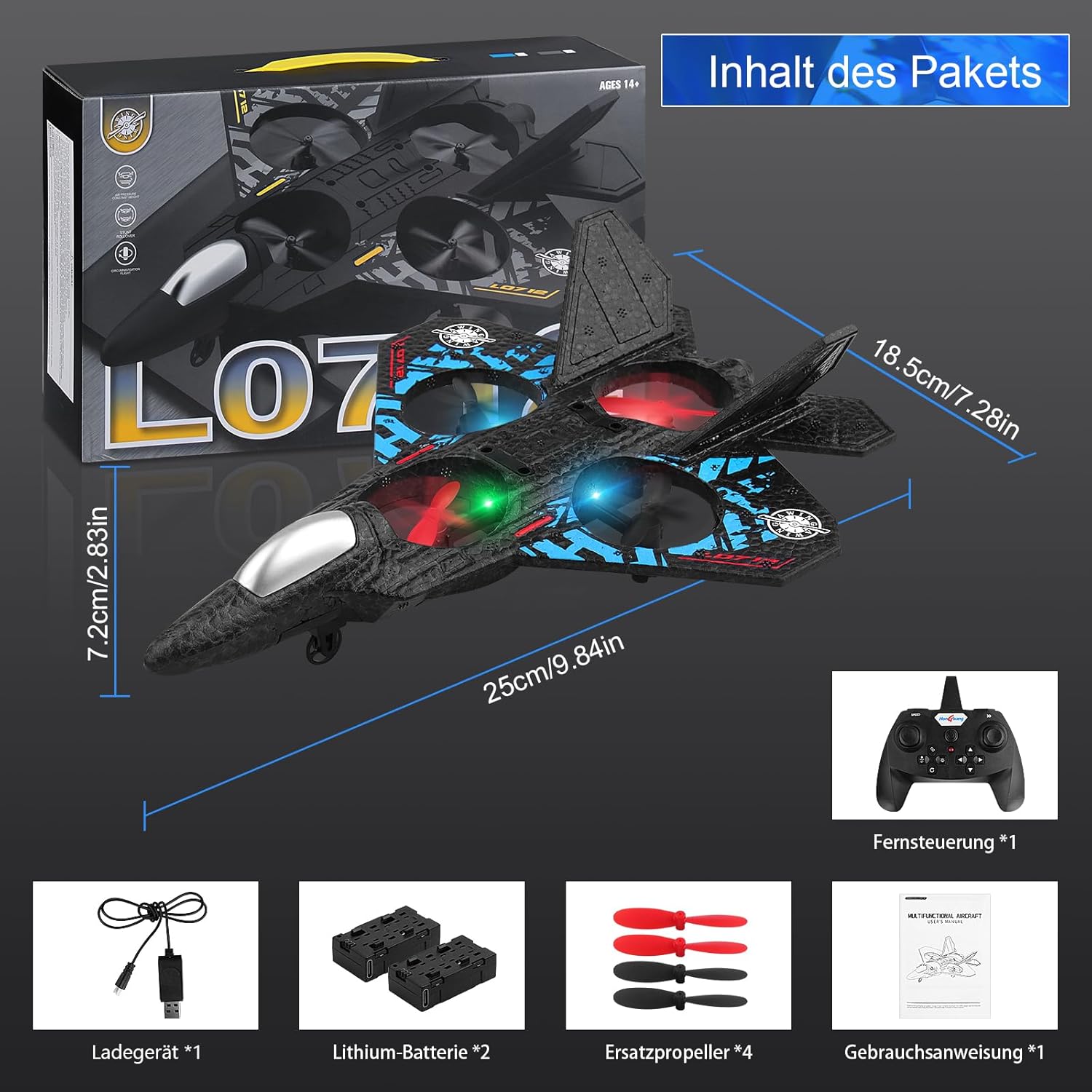 RC Aeroplane 2.4GHz Quadcopter L0712 – Floating Fighter, RTF for Beginners, Kids and Adults, Toy with Colored Lights & USB Charging طائرة RC 2.4GHz رباعية المحركات L0712 – مقاتلة عائمة جاهزة للطيران للمبتدئين، الأطفال والكبار، لعبة بأضواء ملونة وشحن USB